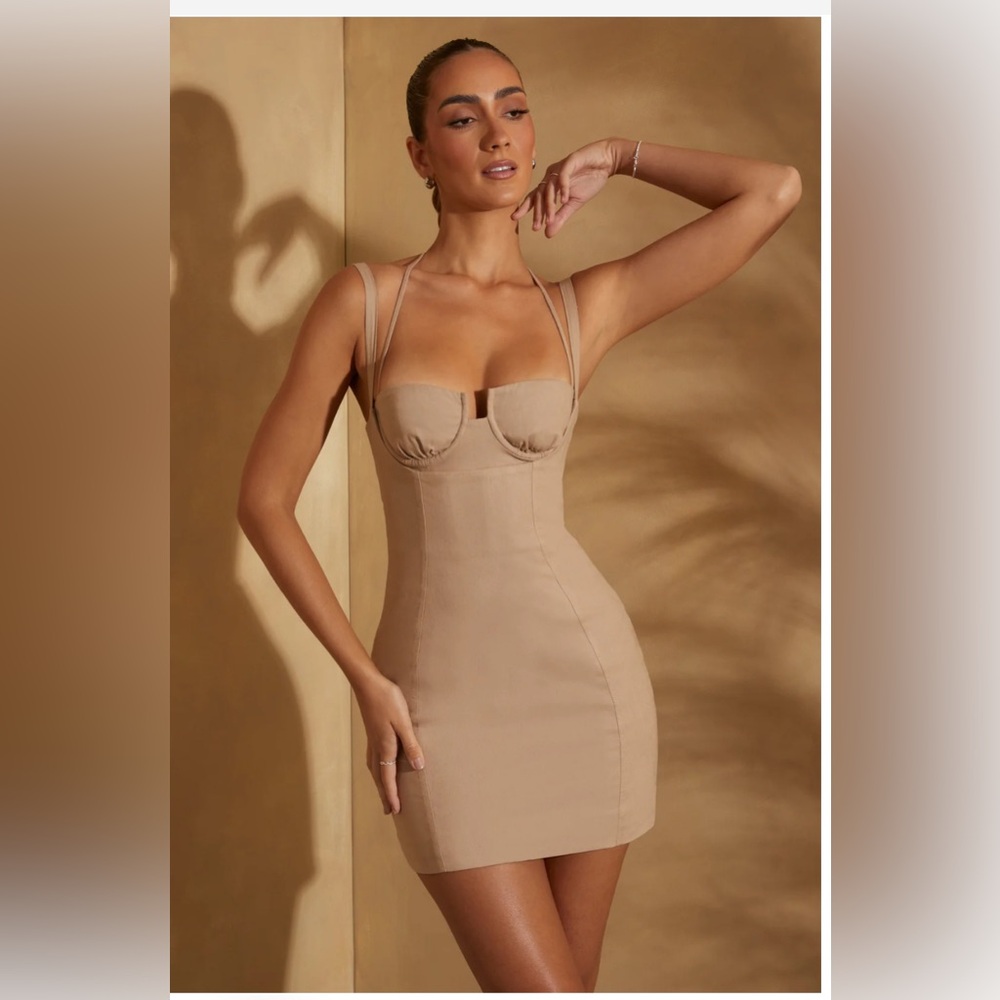 Tan Mini Dress Sleek Bodycon Design - Picture 3 of 5